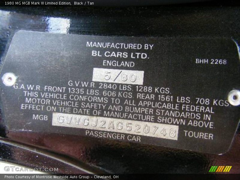Info Tag of 1980 MGB Mark III Limited Edition