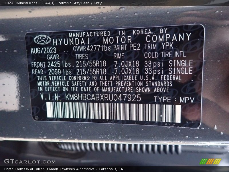 2024 Kona SEL AWD Ecotronic Gray Pearl Color Code PE2