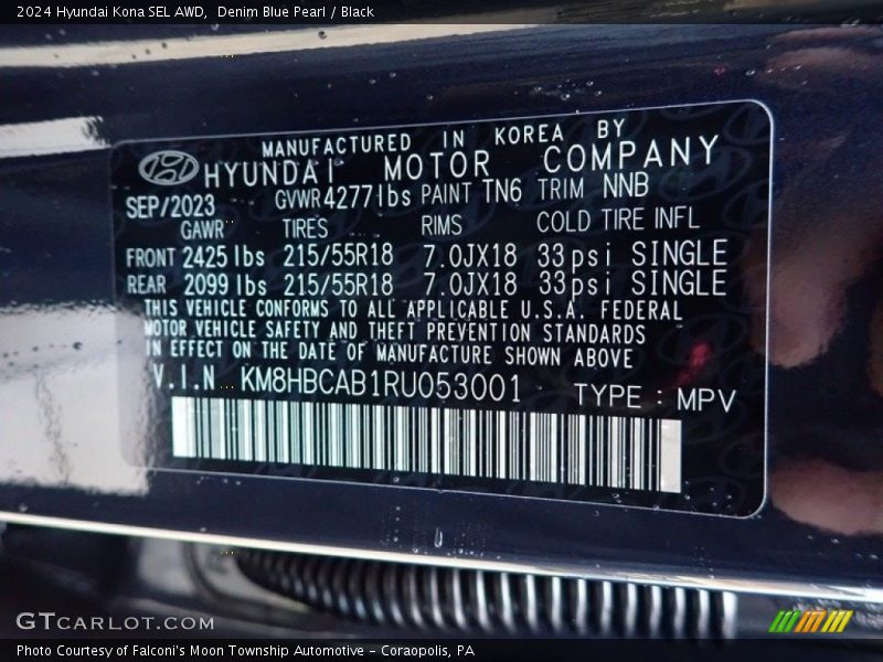 2024 Kona SEL AWD Denim Blue Pearl Color Code TN6