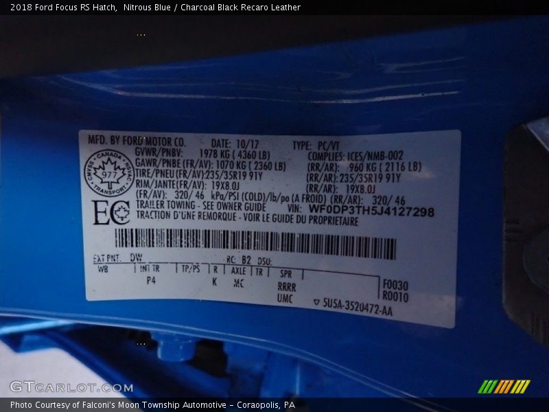 2018 Focus RS Hatch Nitrous Blue Color Code DW