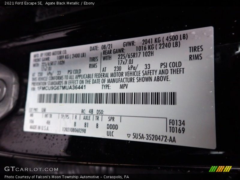 Agate Black Metallic / Ebony 2021 Ford Escape SE