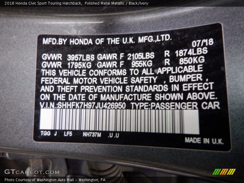 Polished Metal Metallic / Black/Ivory 2018 Honda Civic Sport Touring Hatchback