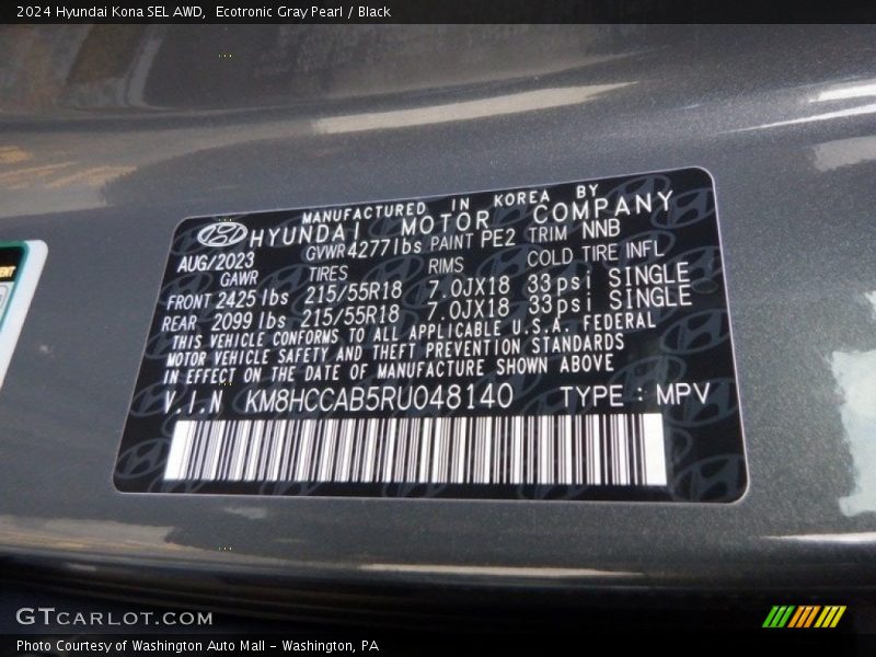 2024 Kona SEL AWD Ecotronic Gray Pearl Color Code PE2