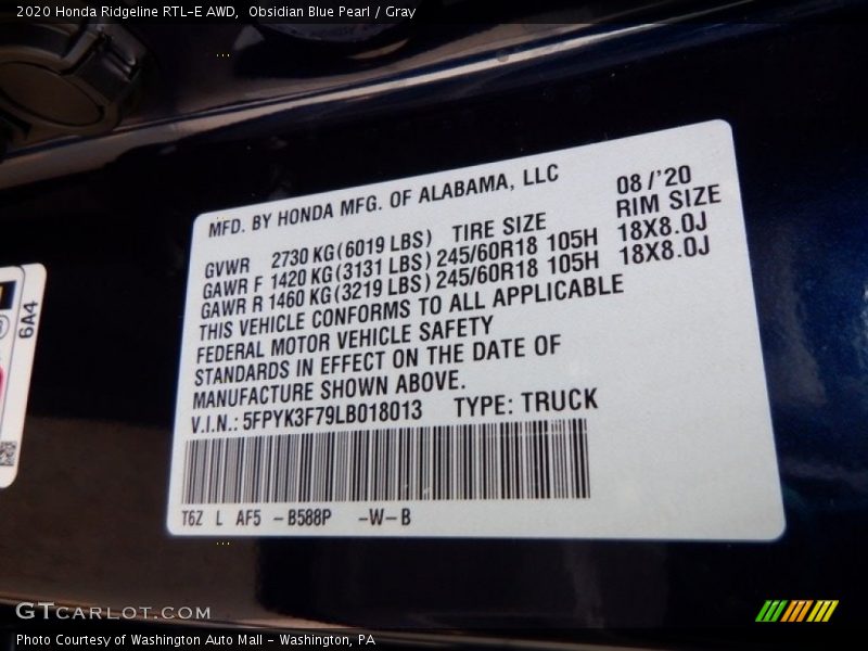 2020 Ridgeline RTL-E AWD Obsidian Blue Pearl Color Code B588P
