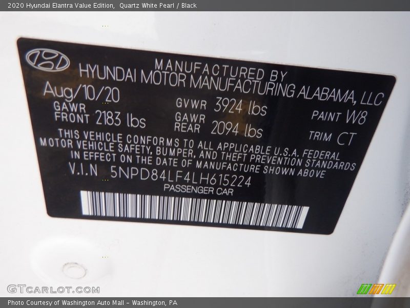 Quartz White Pearl / Black 2020 Hyundai Elantra Value Edition