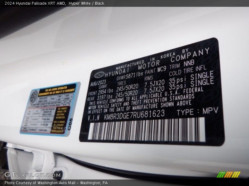 2024 Palisade XRT AWD Hyper White Color Code WC9