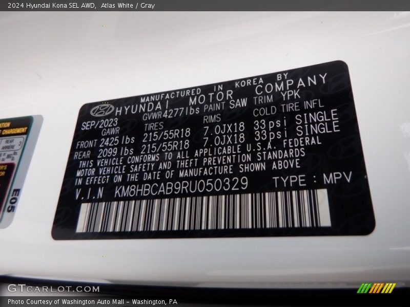2024 Kona SEL AWD Atlas White Color Code SAW