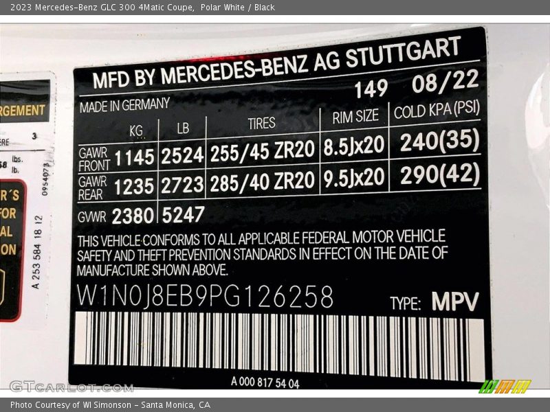 2023 GLC 300 4Matic Coupe Polar White Color Code 149