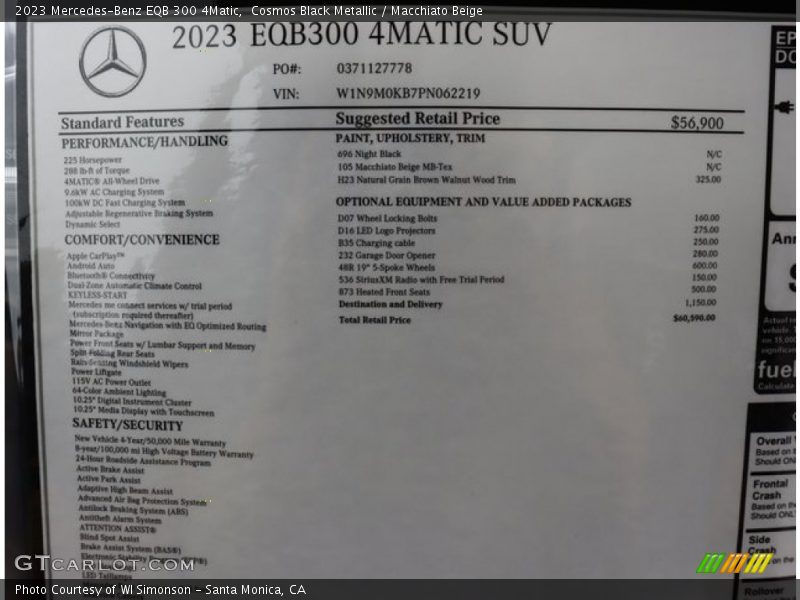  2023 EQB 300 4Matic Window Sticker