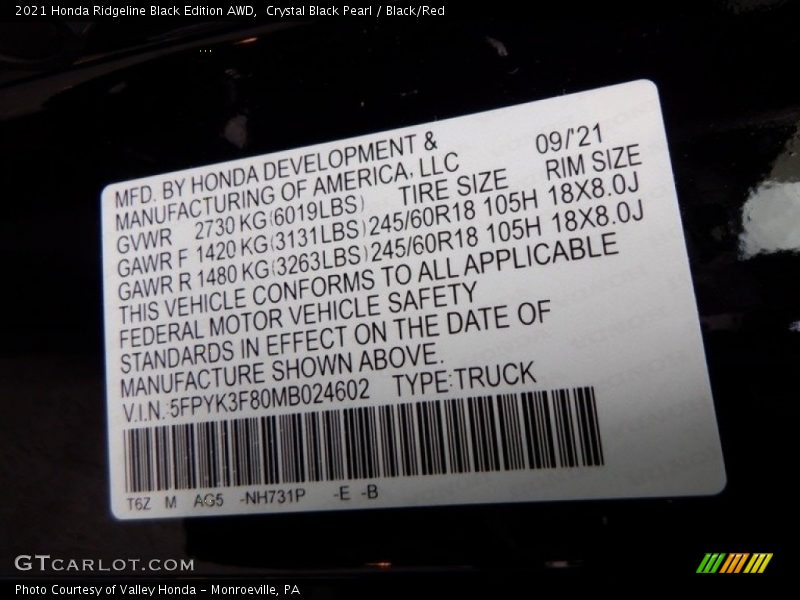 2021 Ridgeline Black Edition AWD Crystal Black Pearl Color Code NH731P