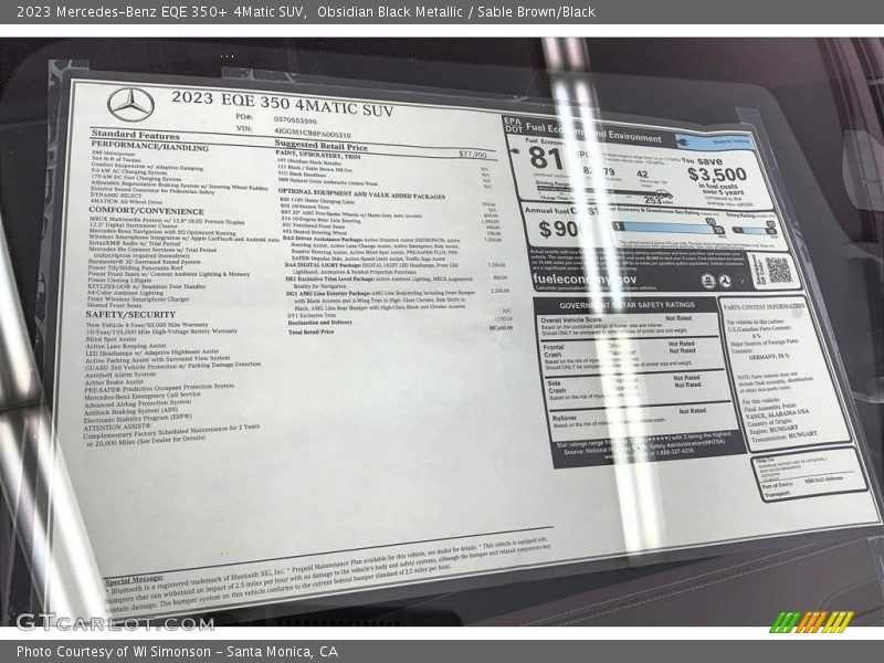  2023 EQE 350+ 4Matic SUV Window Sticker