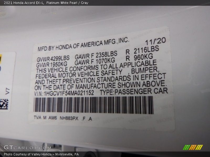 2021 Accord EX-L Platinum White Pearl Color Code NH883PX