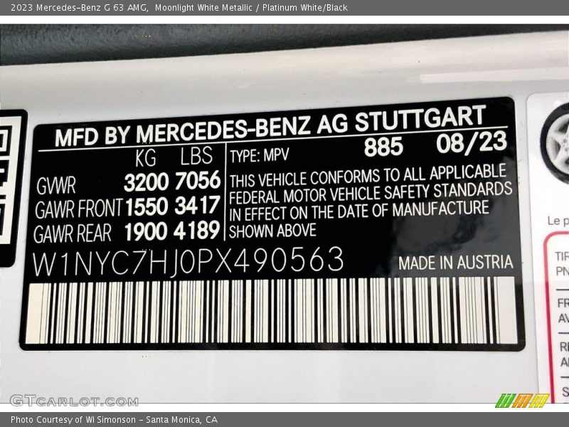 2023 G 63 AMG Moonlight White Metallic Color Code 885