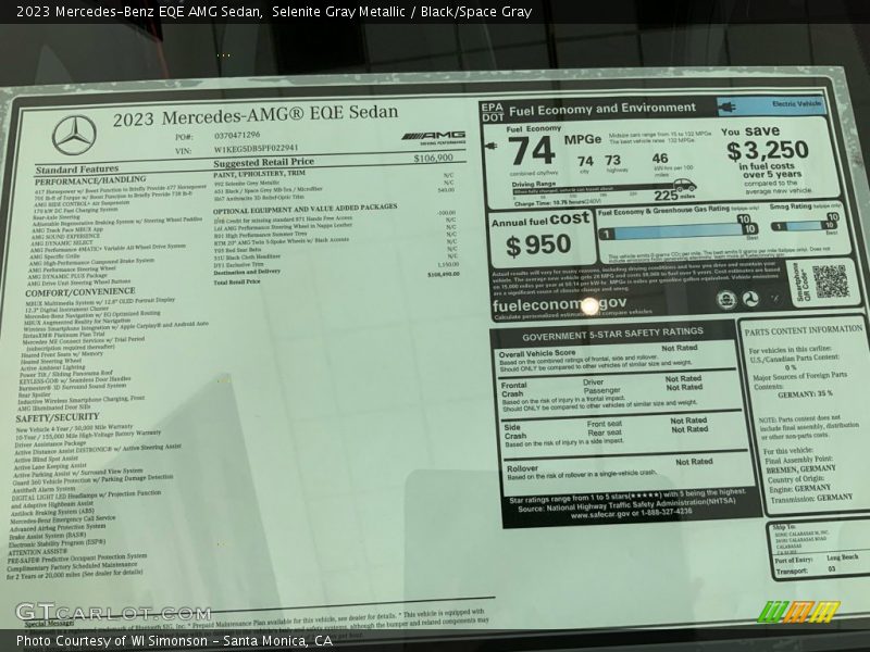 2023 EQE AMG Sedan Window Sticker