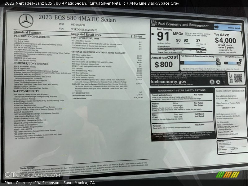  2023 EQS 580 4Matic Sedan Window Sticker