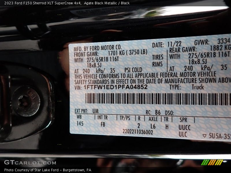 2023 F150 Sherrod XLT SuperCrew 4x4 Agate Black Metallic Color Code UM