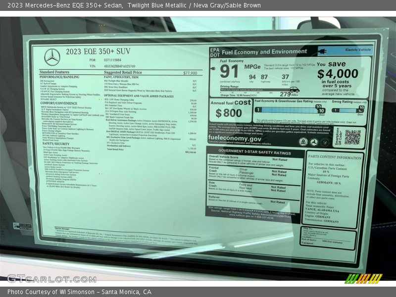  2023 EQE 350+ Sedan Window Sticker