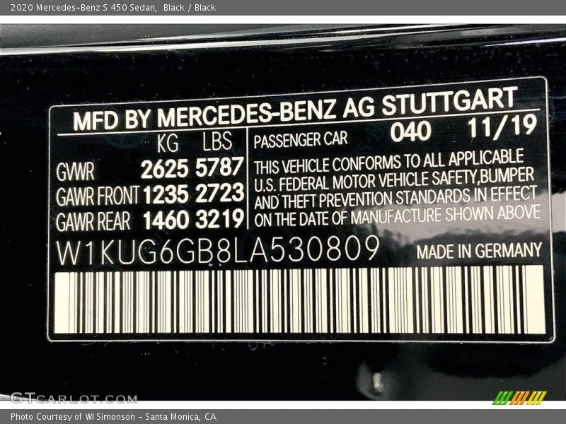 2020 S 450 Sedan Black Color Code 040