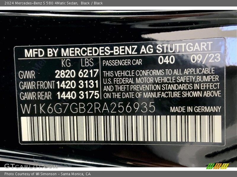2024 S 580 4Matic Sedan Black Color Code 040