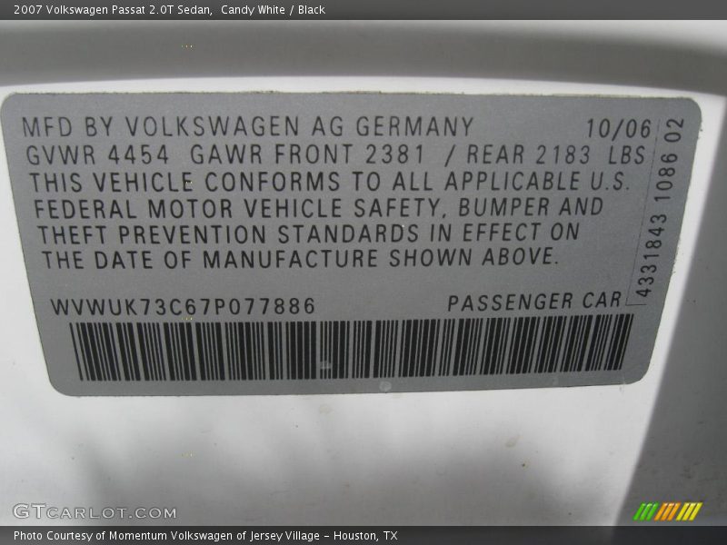 Candy White / Black 2007 Volkswagen Passat 2.0T Sedan