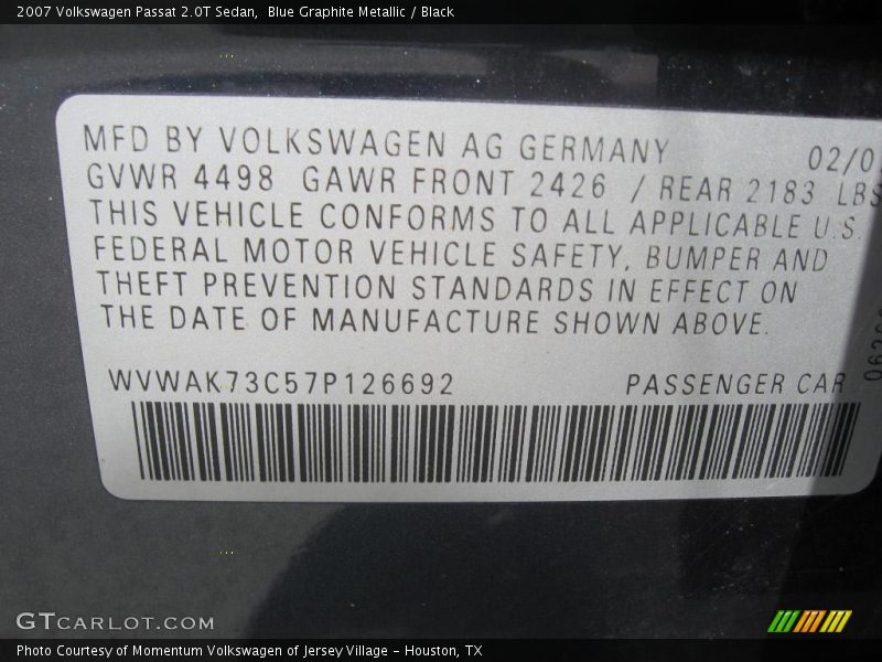 Blue Graphite Metallic / Black 2007 Volkswagen Passat 2.0T Sedan