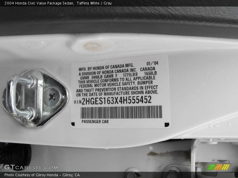 Taffeta White / Gray 2004 Honda Civic Value Package Sedan