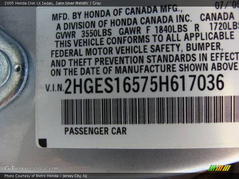 Satin Silver Metallic / Gray 2005 Honda Civic LX Sedan