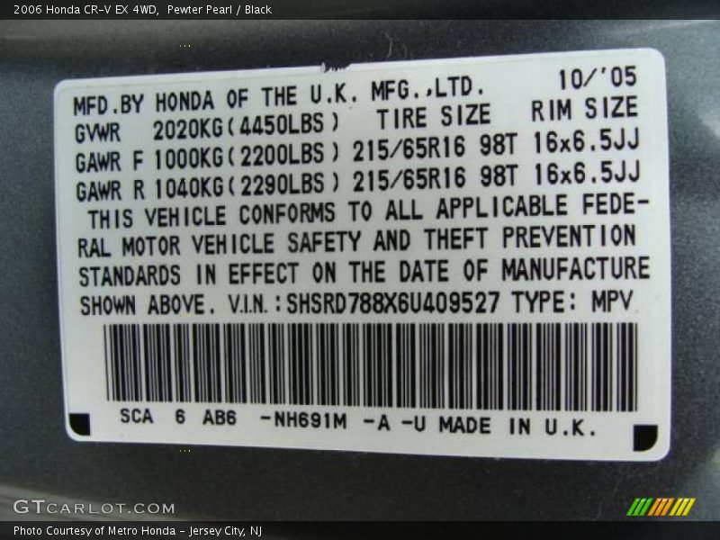 Pewter Pearl / Black 2006 Honda CR-V EX 4WD