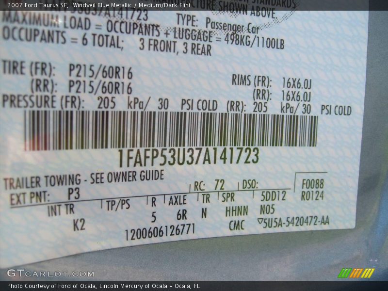 Windveil Blue Metallic / Medium/Dark Flint 2007 Ford Taurus SE