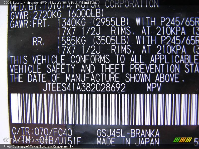 Blizzard White Pearl / Sand Beige 2008 Toyota Highlander 4WD