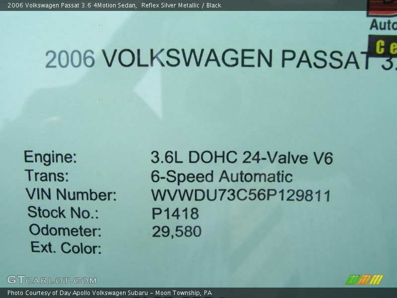 Reflex Silver Metallic / Black 2006 Volkswagen Passat 3.6 4Motion Sedan