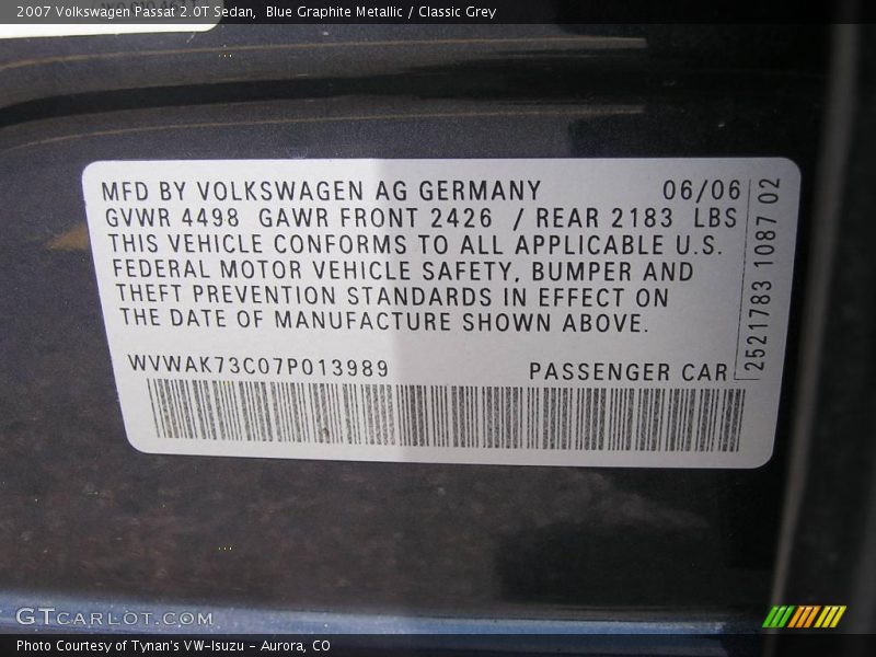Blue Graphite Metallic / Classic Grey 2007 Volkswagen Passat 2.0T Sedan
