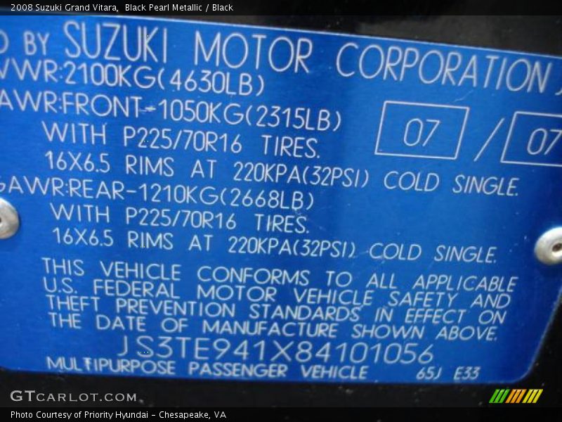Black Pearl Metallic / Black 2008 Suzuki Grand Vitara