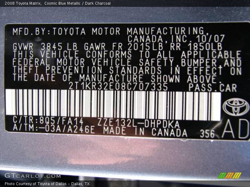 Cosmic Blue Metallic / Dark Charcoal 2008 Toyota Matrix