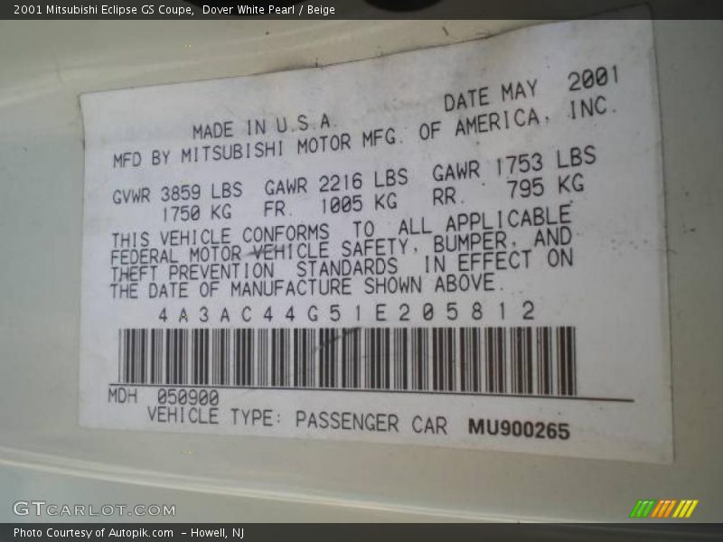 Dover White Pearl / Beige 2001 Mitsubishi Eclipse GS Coupe