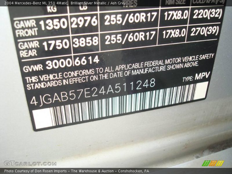 Brilliant Silver Metallic / Ash Grey 2004 Mercedes-Benz ML 350 4Matic