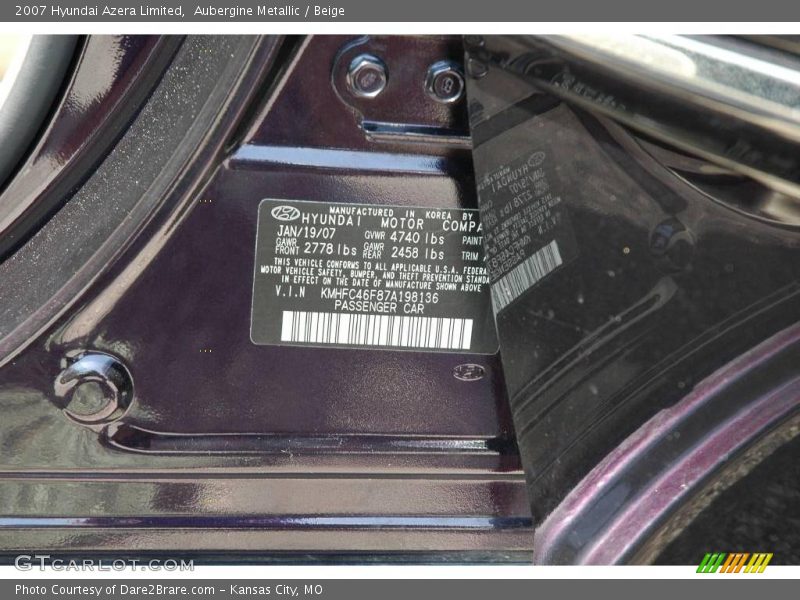 Aubergine Metallic / Beige 2007 Hyundai Azera Limited
