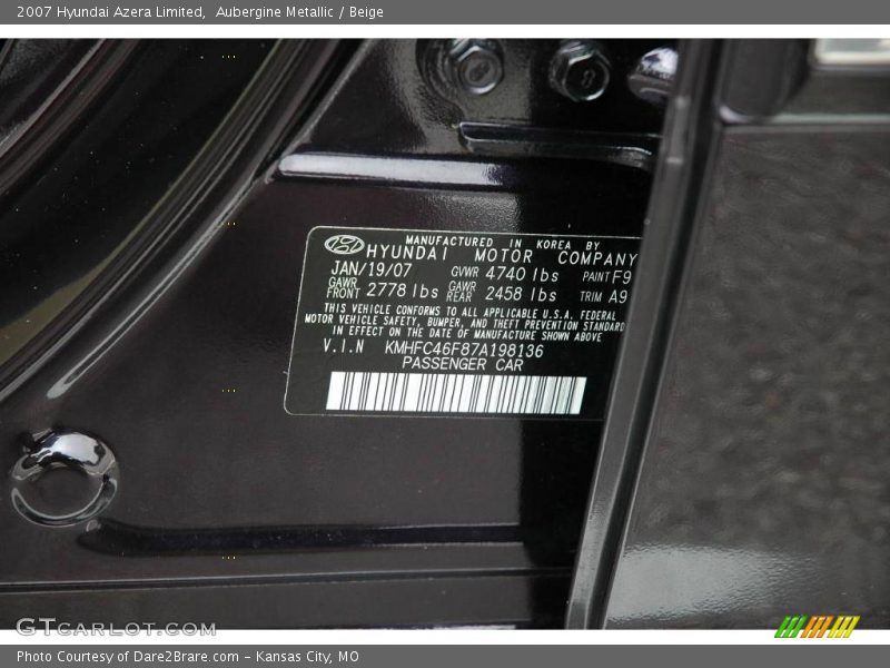 Aubergine Metallic / Beige 2007 Hyundai Azera Limited