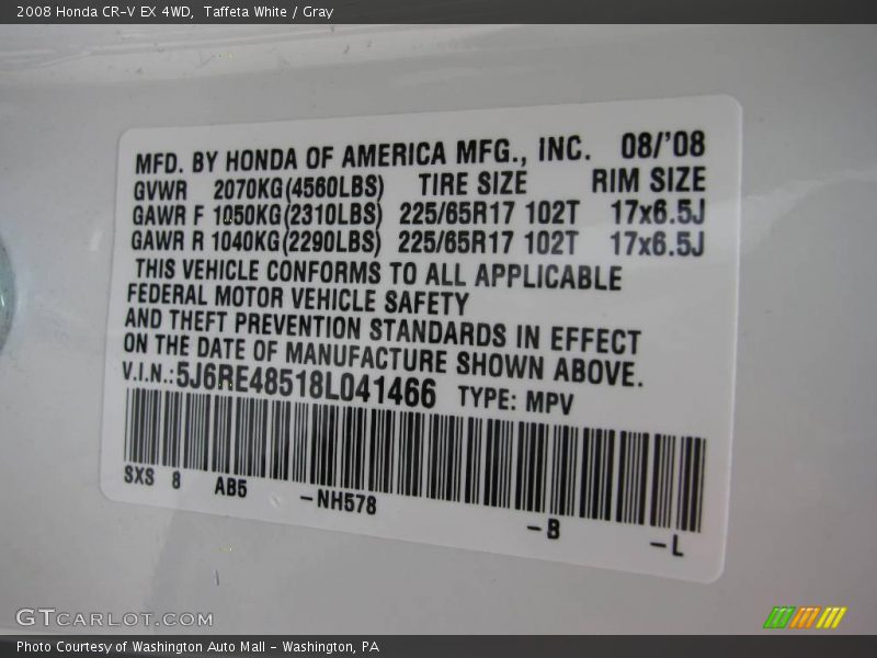 Taffeta White / Gray 2008 Honda CR-V EX 4WD