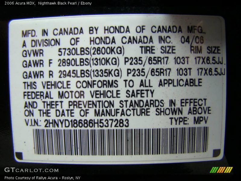 Nighthawk Black Pearl / Ebony 2006 Acura MDX
