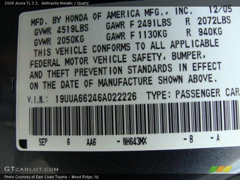 Anthracite Metallic / Quartz 2006 Acura TL 3.2