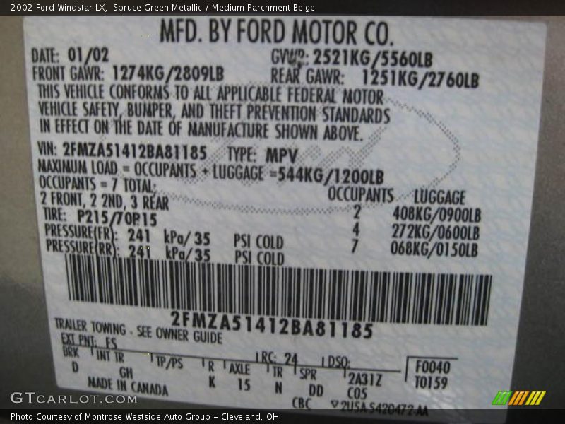 Spruce Green Metallic / Medium Parchment Beige 2002 Ford Windstar LX