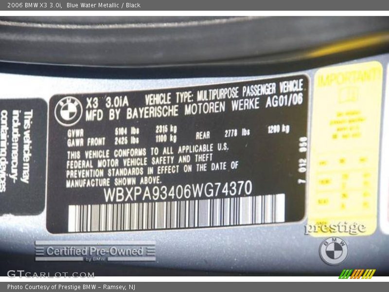 Blue Water Metallic / Black 2006 BMW X3 3.0i