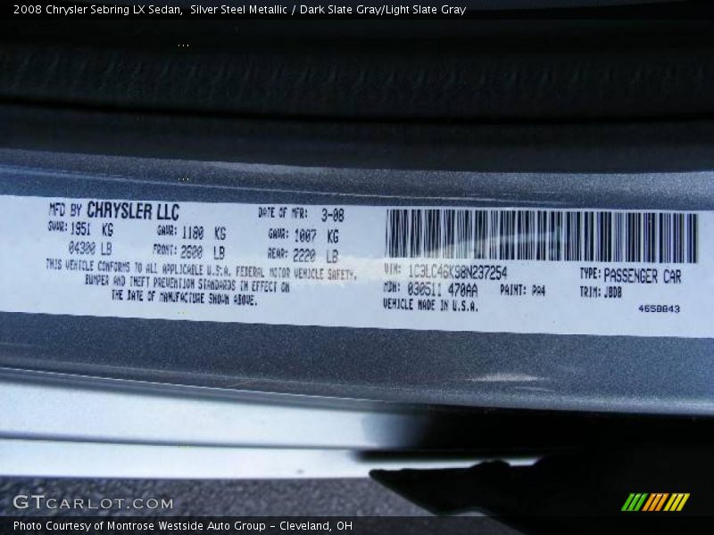 Silver Steel Metallic / Dark Slate Gray/Light Slate Gray 2008 Chrysler Sebring LX Sedan