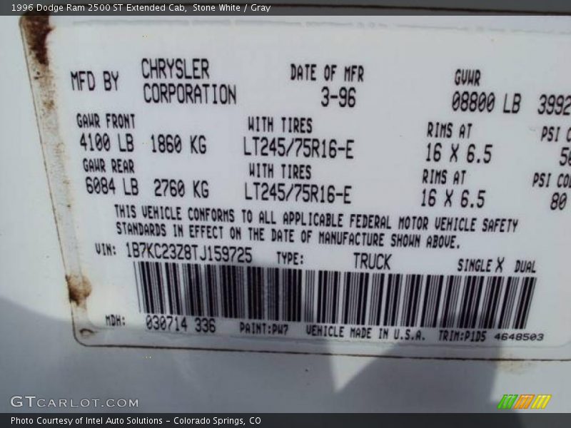 Stone White / Gray 1996 Dodge Ram 2500 ST Extended Cab