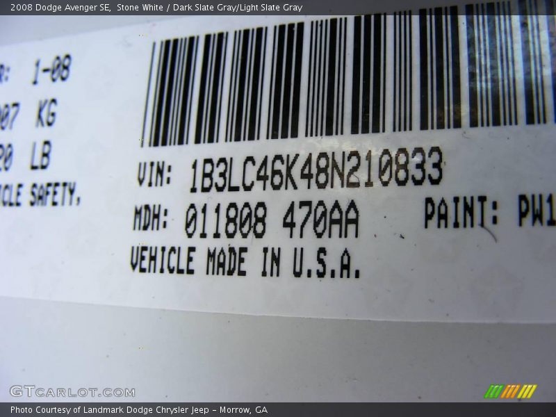 Stone White / Dark Slate Gray/Light Slate Gray 2008 Dodge Avenger SE