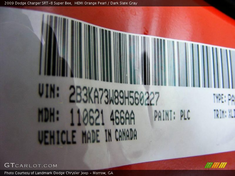 Info Tag of 2009 Charger SRT-8 Super Bee