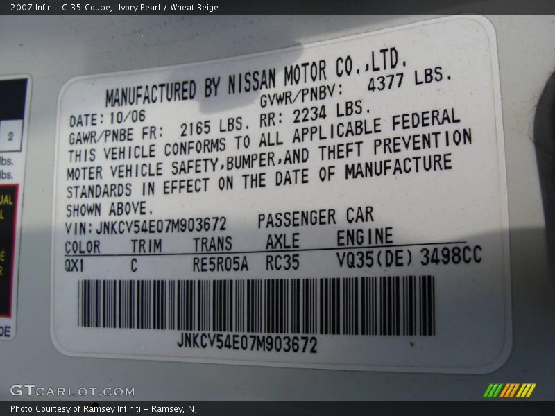 Ivory Pearl / Wheat Beige 2007 Infiniti G 35 Coupe