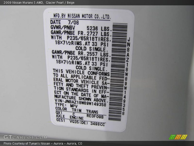 Glacier Pearl / Beige 2009 Nissan Murano S AWD