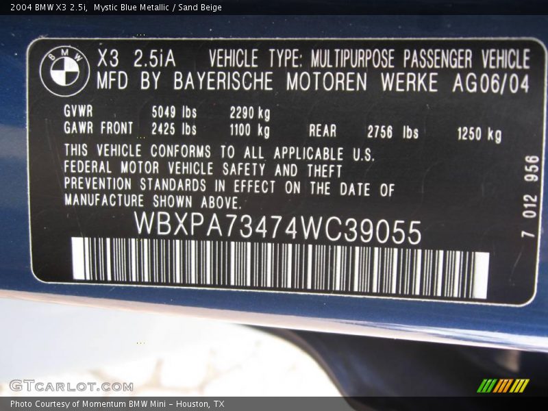 Mystic Blue Metallic / Sand Beige 2004 BMW X3 2.5i